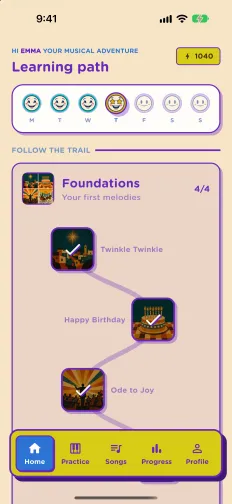 Piamo learning path: a trail from Twinkle Twinkle to Happy Birthday and Ode to Joy