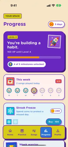 Piamo progress screen with level, weekly streak and Streak Freeze