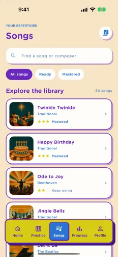 Piamo song library with Twinkle Twinkle, Happy Birthday, Ode to Joy and Jingle Bells